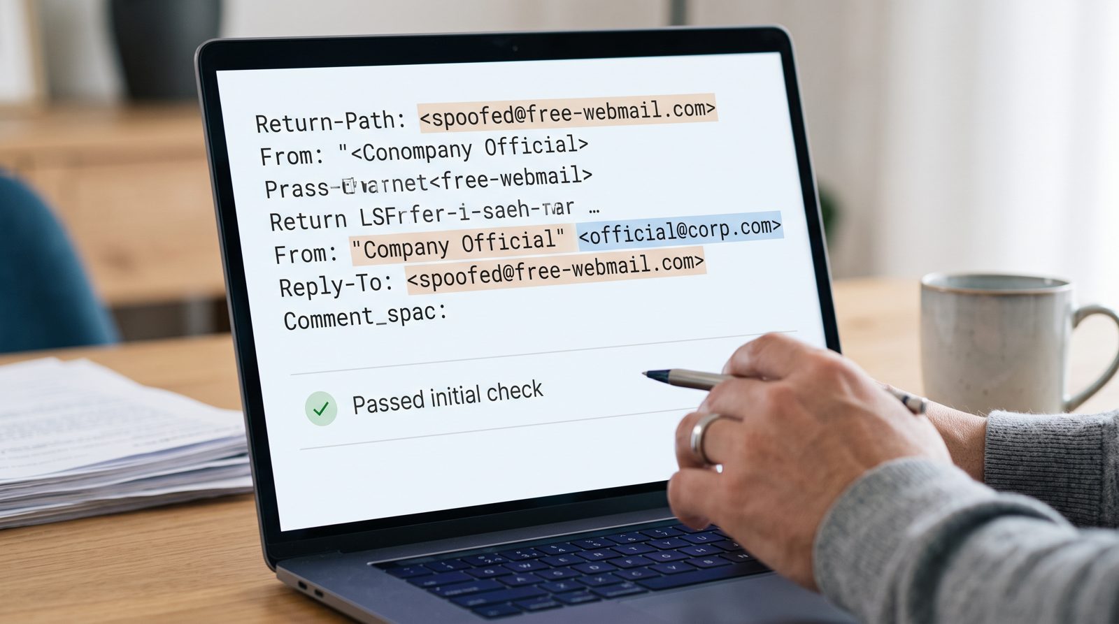 رؤوس خام حيث يظهر عنوان From باسم official@corp.com بينما يشير Return-Path و Reply-To إلى بريد ويب مجاني