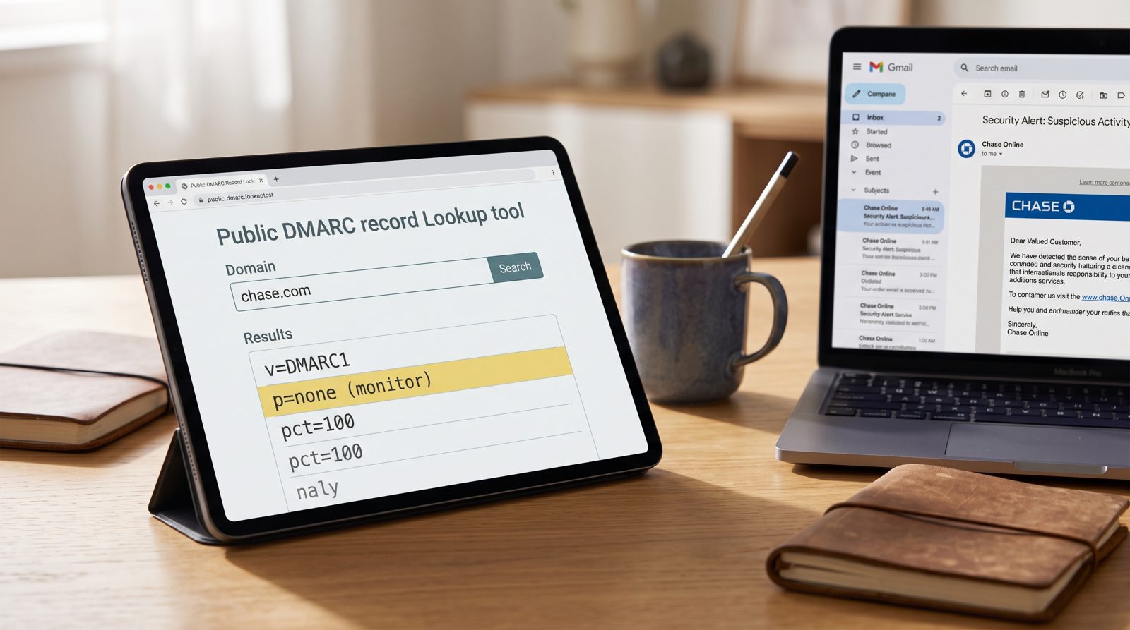 جهاز لوحي يقوم بعملية بحث DMARC لنطاق بنك يظهر p=none، مع تنبيه أمني للبنك مفتوح على جهاز كمبيوتر محمول في الخلفية