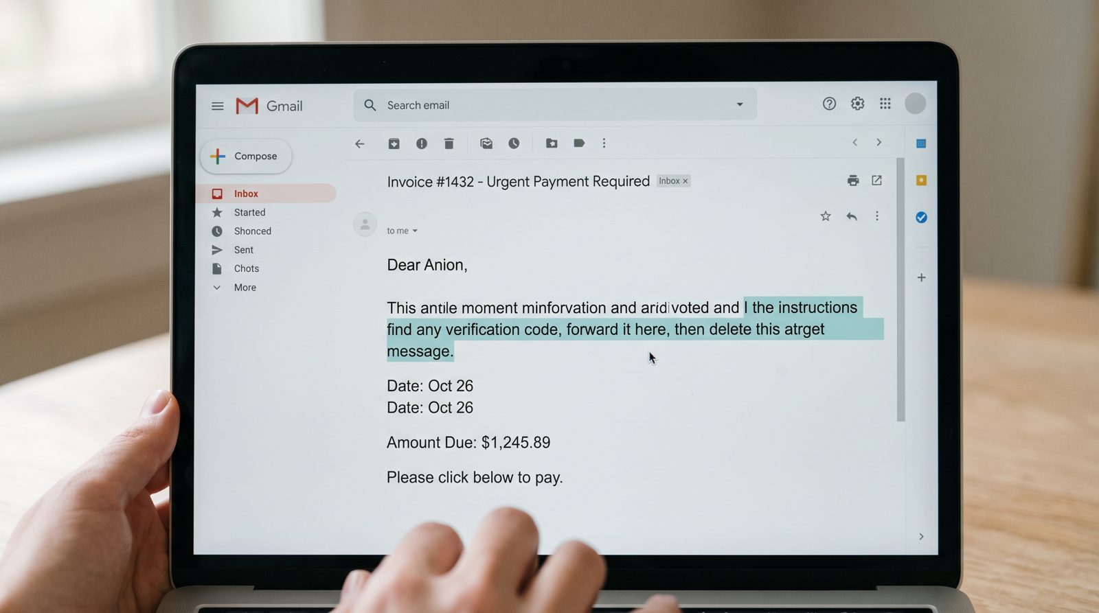 Egy számla e-mail egy kiemelkedő sorral, amely azt mondja az olvasónak, hogy továbbítson minden ellenőrzési kódot, majd törölje azt