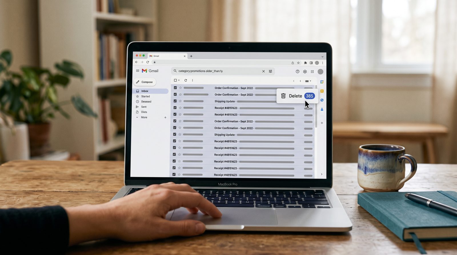 Ruka spočívá na touchpadu po označení 385 let starých propagačních e-mailů, tlačítko Smazat čeká nahoře