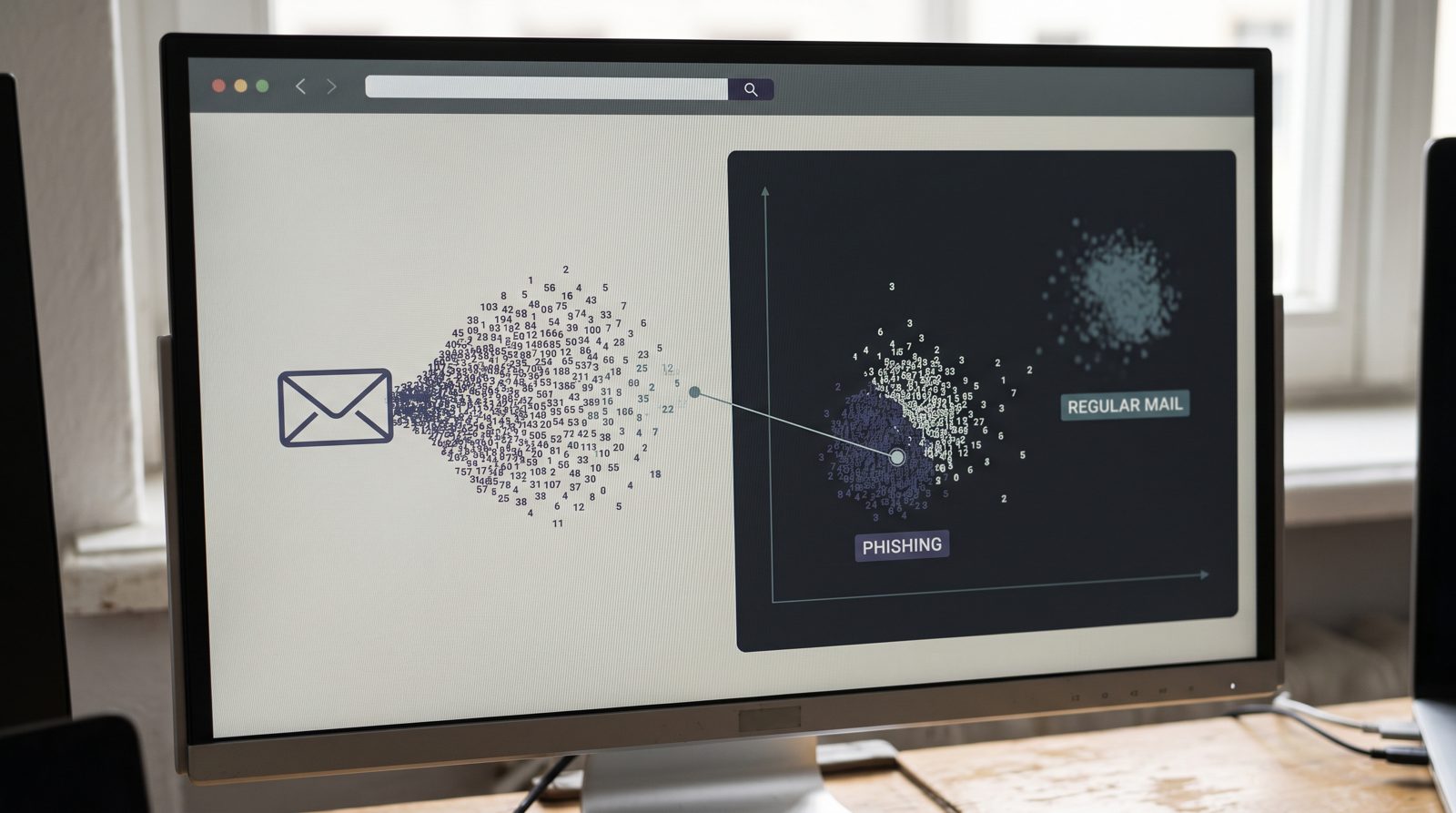Obálka se rozpouští v oblak čísel, která napájejí bodový graf s shluky označenými jako phishing a pošta